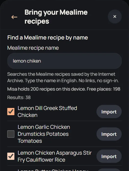 Misa’s “Bring your Mealime recipes” window: the search “lemon chiken” finds 38 Mealime recipes despite the typo, two of them ticked for import