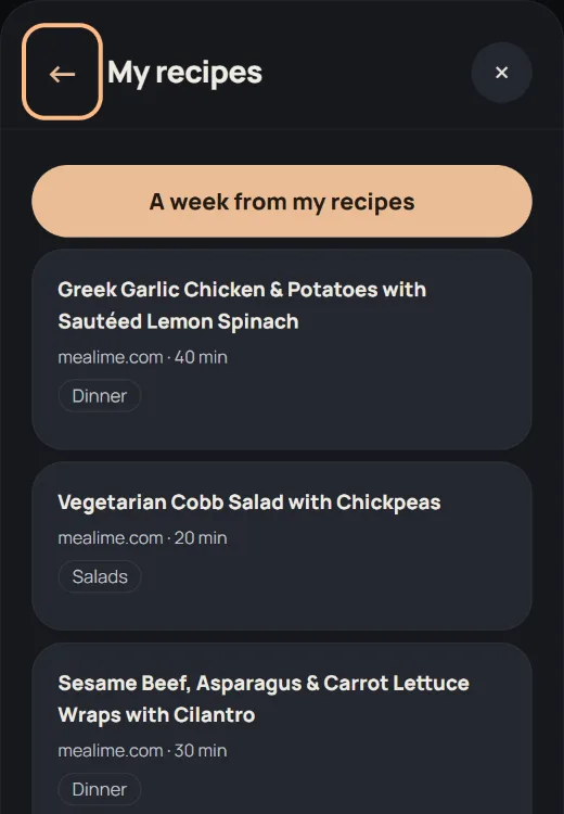 My recipes in Misa listing three imported recipes with source mealime.com and cooking time